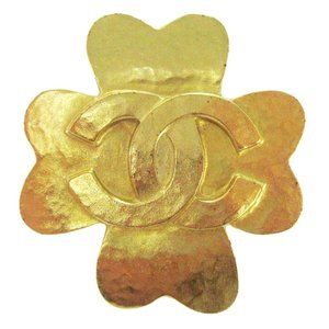Authentic CHANEL CC Logos Clover Motif Brooch Pin